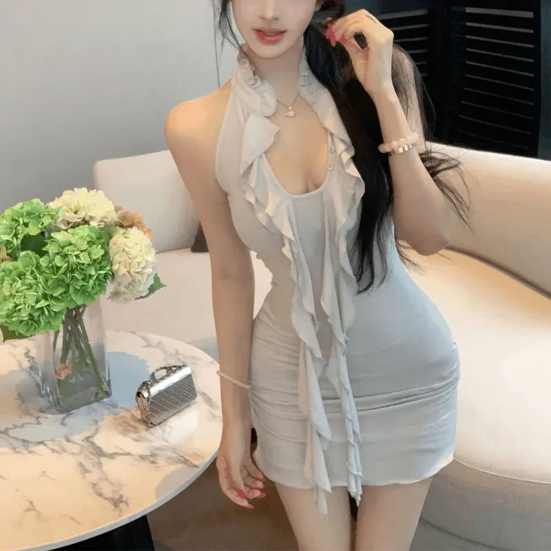 

Sexy Halter Elegant Ribbon Bag Hip Dresses Women's Clothing Solid Color Summer New Waist Aura Ruffles Slim Sleeveless Mini Dress