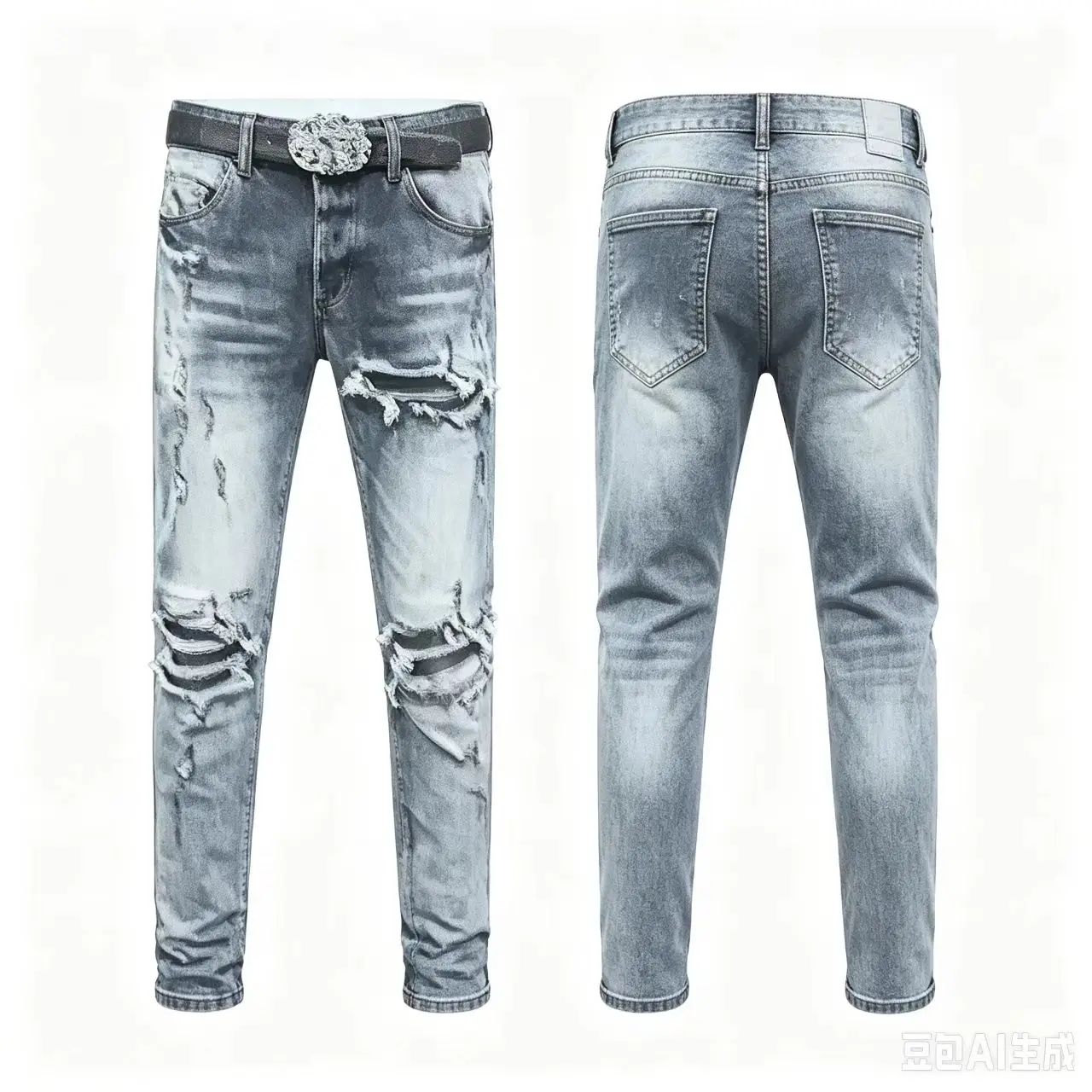 High Street Fashion New Men's Jeans with Broken Patches, Washed Nostalgic Stretch Slimming Black Grey Jeans, Hip Hop Brand Pants