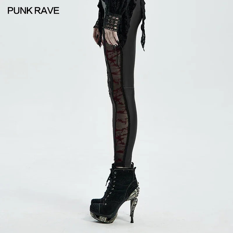 PUNK RAVE Women\'s Gothic Black Leggings Fashion Personality Tight High Elastic Lace Ribbon Band Small Feet Long Pants Women