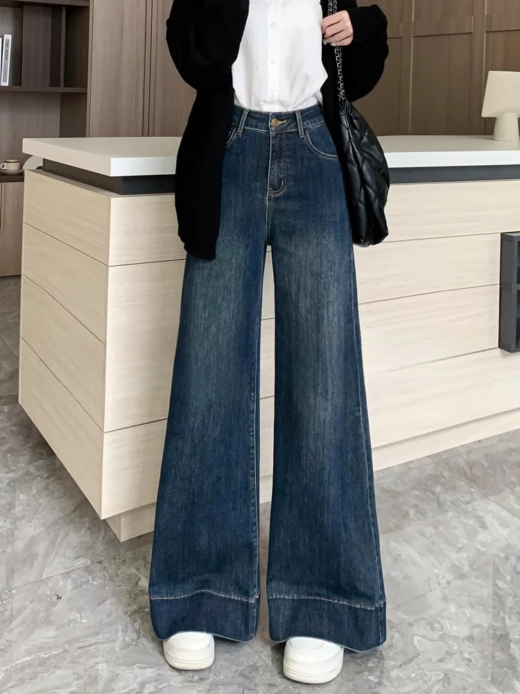 

American Style High Waist Wide Leg Jeans Women's Spring Autumn Small Size XxS Loose Floor Length Micro Flared Pants