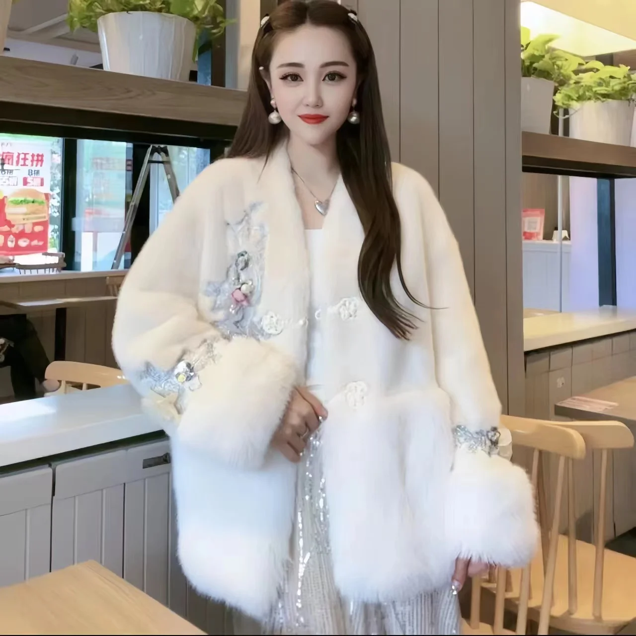 Faux Mink Fur Coat for Women,Single Breasted Jackets,Embroidery Overcoat, Female Clothes, Chinese Style, New, Winter, 2024