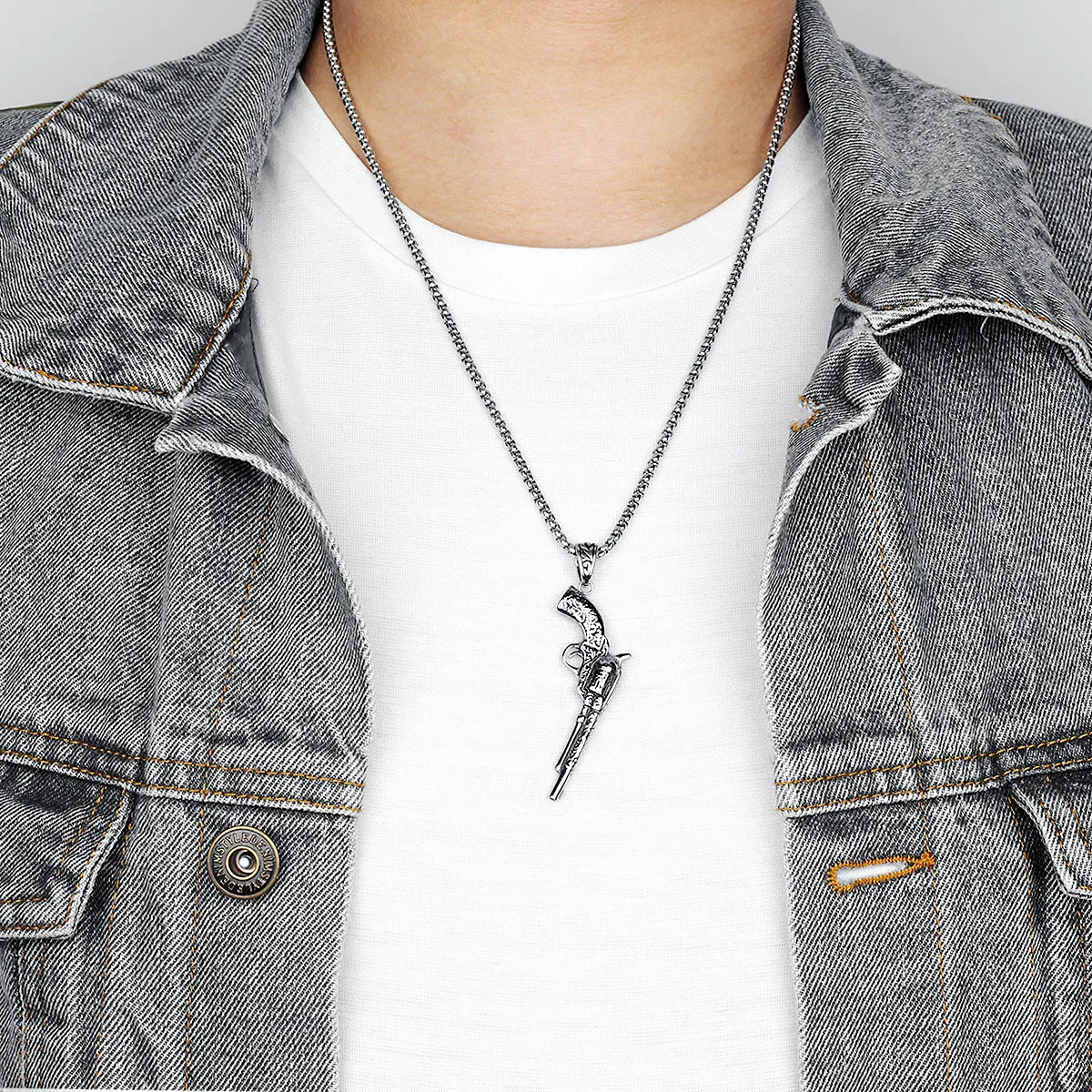 316L Stainless Steel Vintage Revolver Necklace Retro Pistol Men Pendant Chain Rock Punk for Boyfriend Biker Rider Jewelry Gift