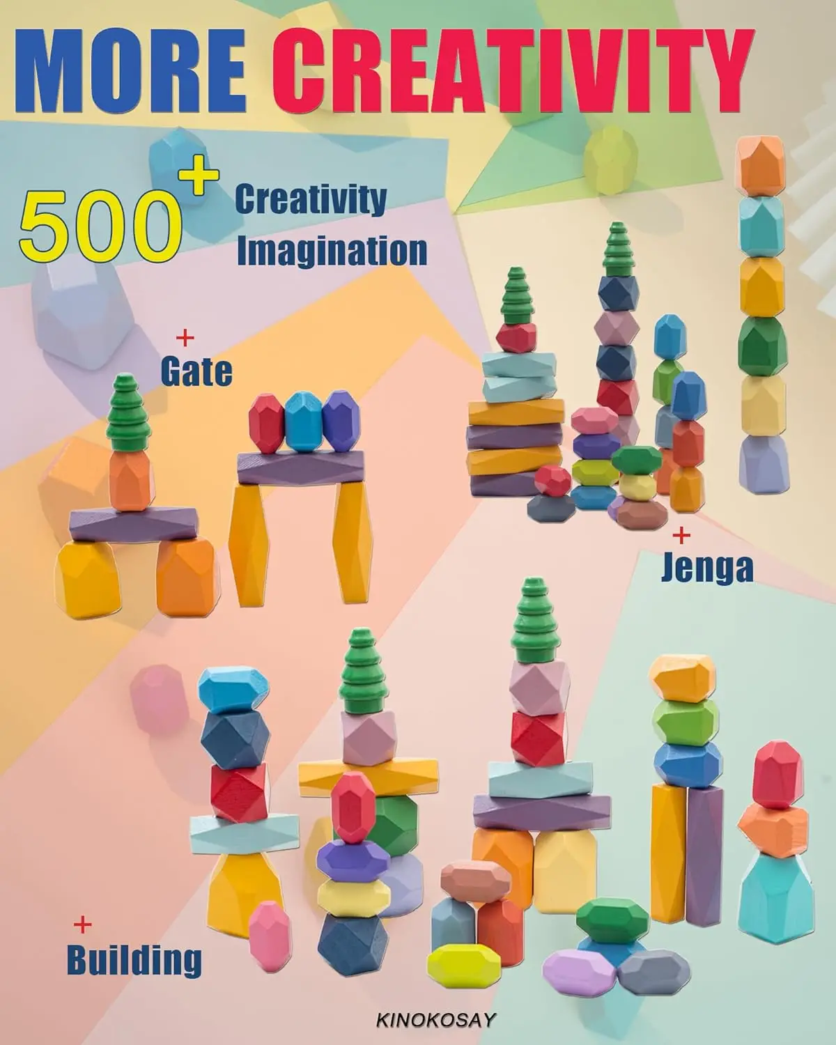 38 PCS Wooden Sorting Stacking Stones Rock Colorful Montessori Balancing Blocks Educational Learning Sensory STEM Toy for Kids 3