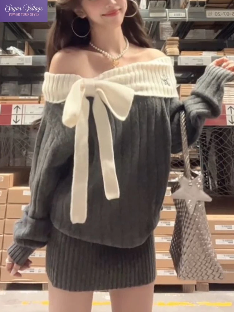 เดรสไหมพรมสไตล์ฝรั่งเศสแบบเปิดไหล่ ผู้หญิง ฤดูใบไม้ร่วง ฤดูหนาว หวาน สไตล์เรโทร แขนยาว ทรงเข้ารูป ดีไซน์โบว์ สวยสง่า ชิค