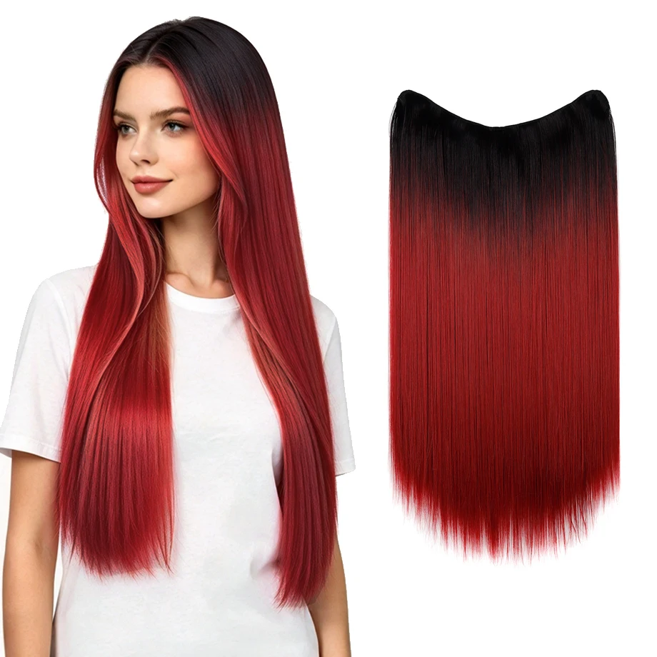 One Piece Clip In Hair Extensions Synthetic Straight Ombre Color Hairpiece Invisible 24 inch Long Hair For Women Daily Party Use
