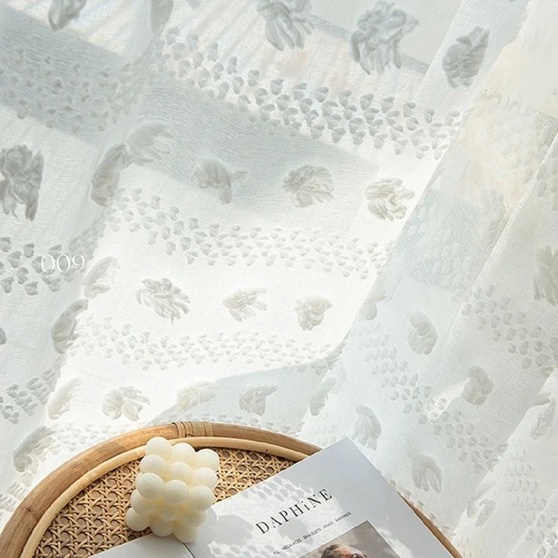 White Stripe Tulle Curtain for Living Room 3D Pompom Embroidery Sheer Light Filtering Translucent Voile Elegant Window Drapes