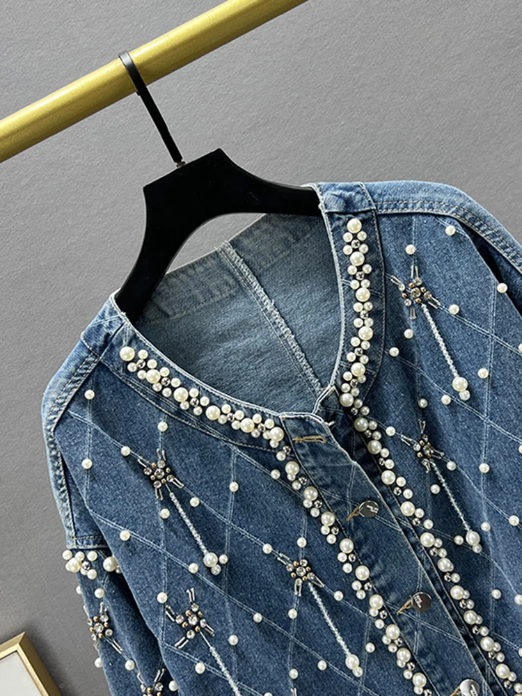 GVUW Beading Denim Jackets Women High Street Style Round Collar Full Sleeve Single Breasted Pockets New 2024 Coats 17G7804