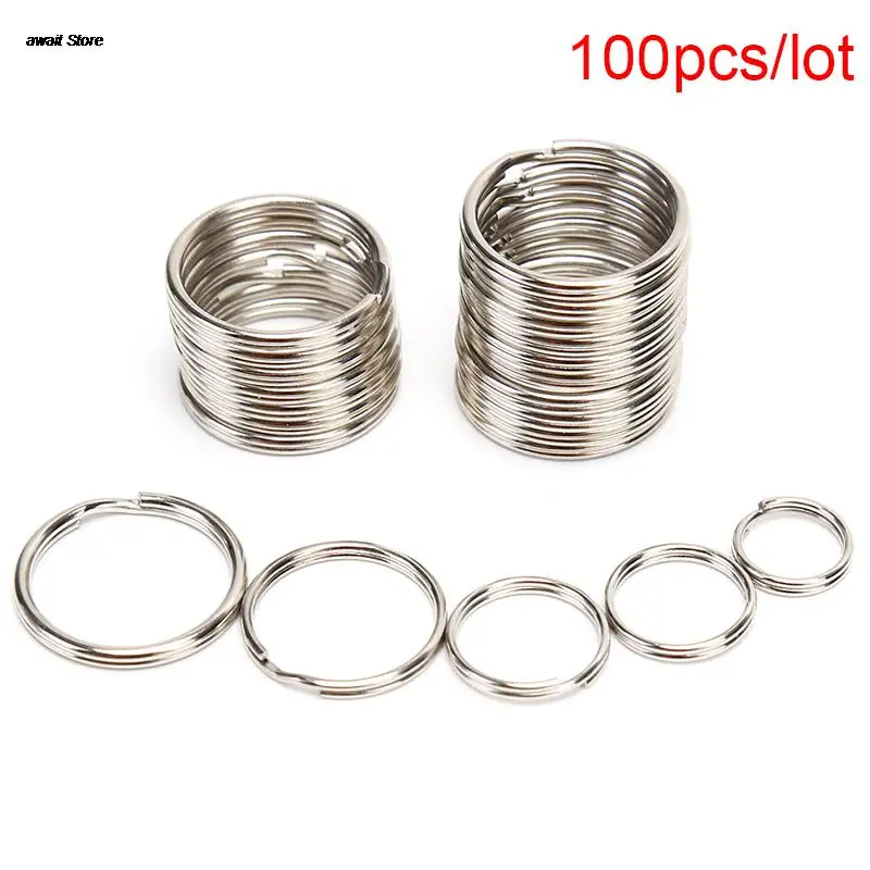 100 Pcs  Polished Silver Color Keyring Stainless Steel Hole Key Ring Key Chain Rhodium Plated Round Split Keychain