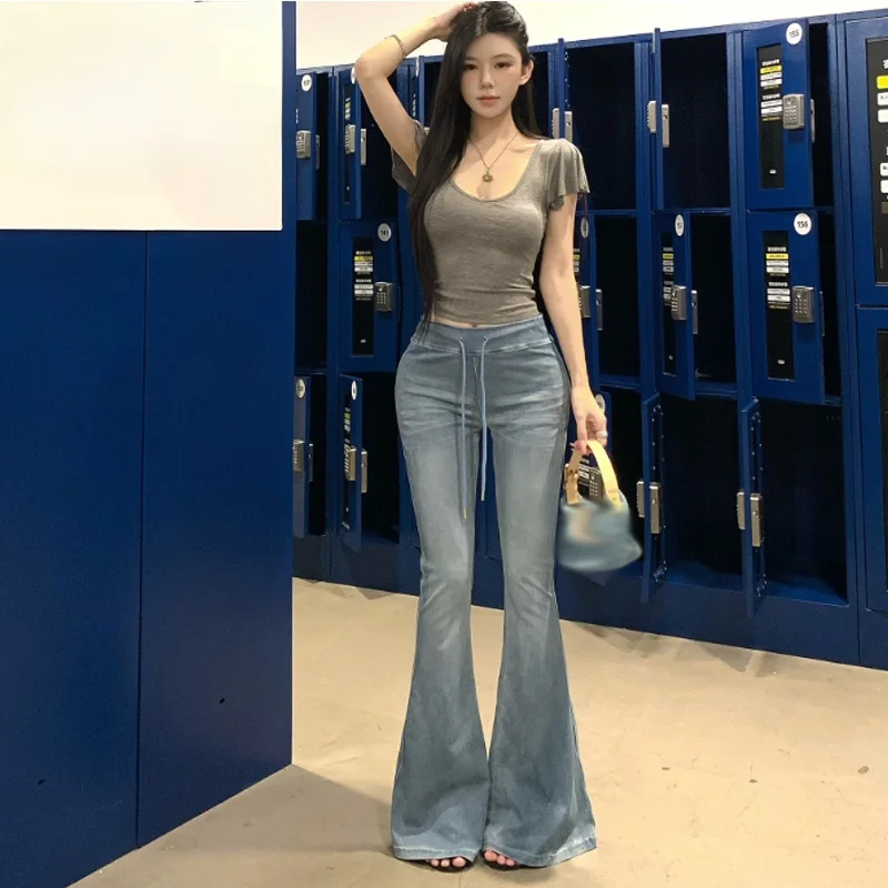 American Hot Girl Waist Drawstring Design Detachable Flared Elastic Slimming Jeans High Waist Long Pants Casual Summer 2026