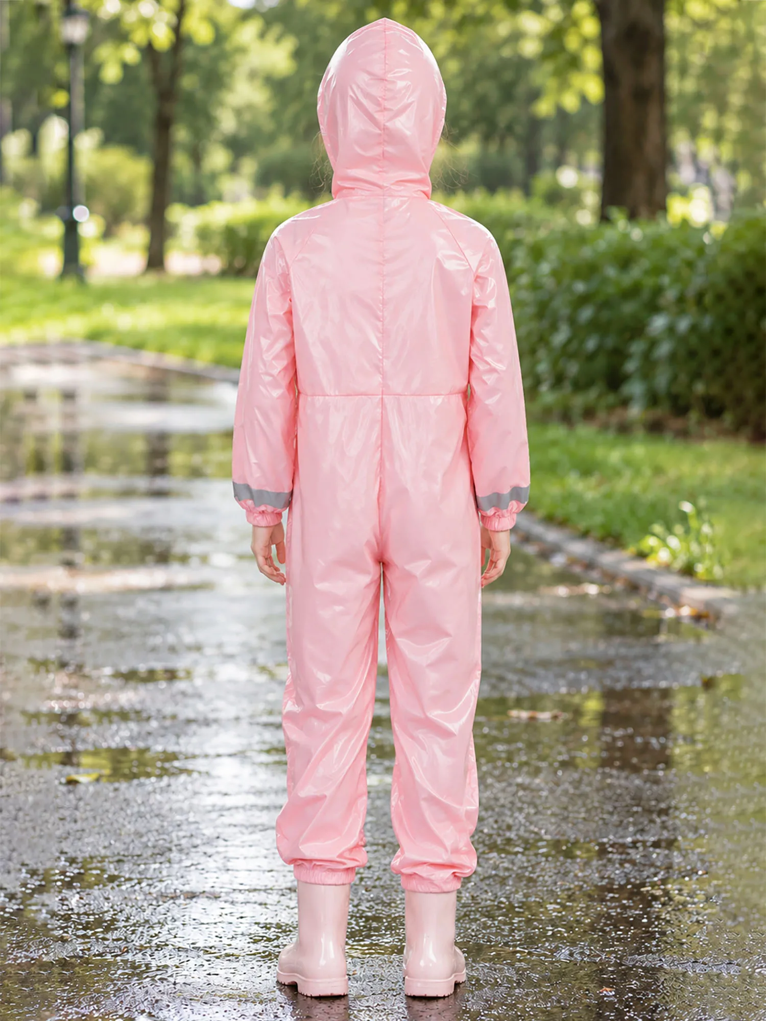 Kids Water Resistant Jumpsuit Boys Girls Long Sleeve Hooded Coverall One-piece Rainsuit Zipper Raincoat Cuffs Legs Rompers+Bag