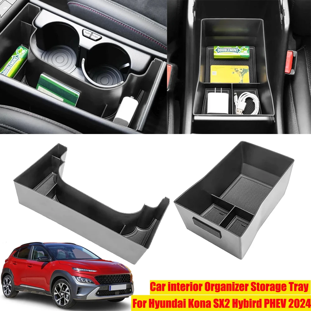 For Kona Hybrid Phev SX2 2024 2025 Center Console Organizer Tray Armrest Storage Box Cup Holder Tidying Car Accessories