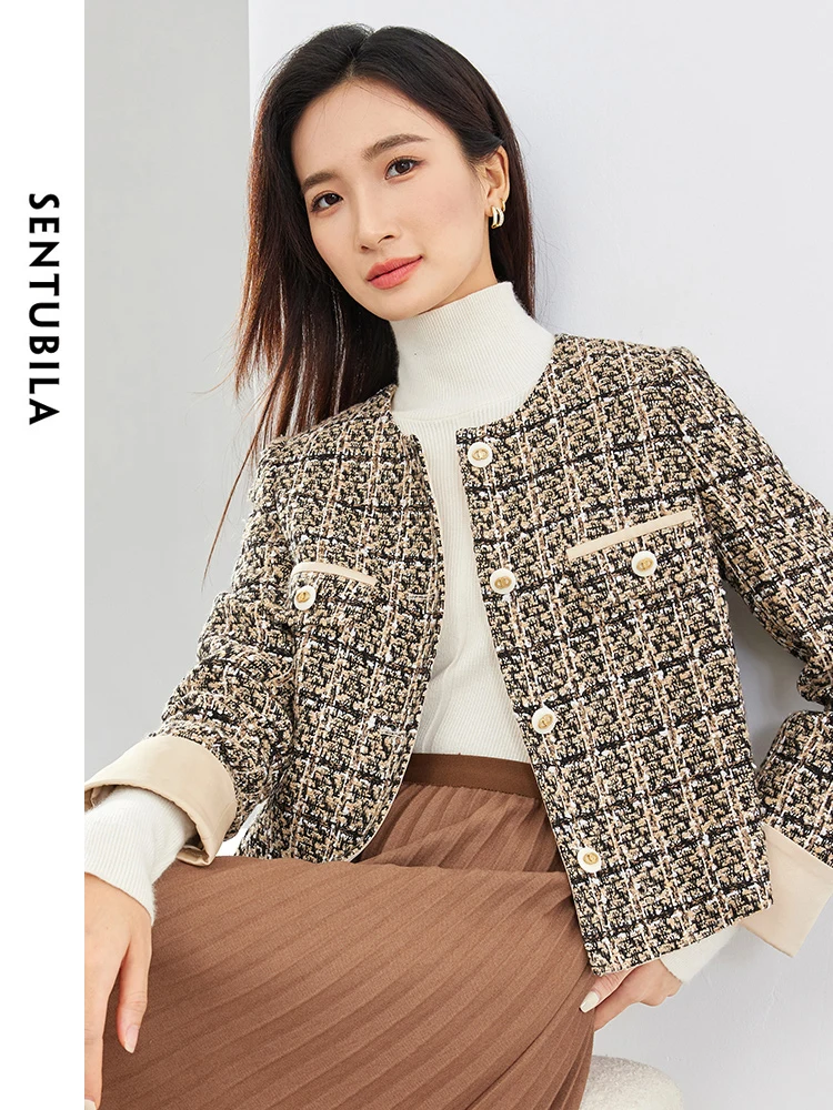 SENTUBILA Contrast Cuff Crop Tweed Jackets for Women 2024 Spring Autumn Elegant Long Sleeve Straight Outerwear Coat 141W52802