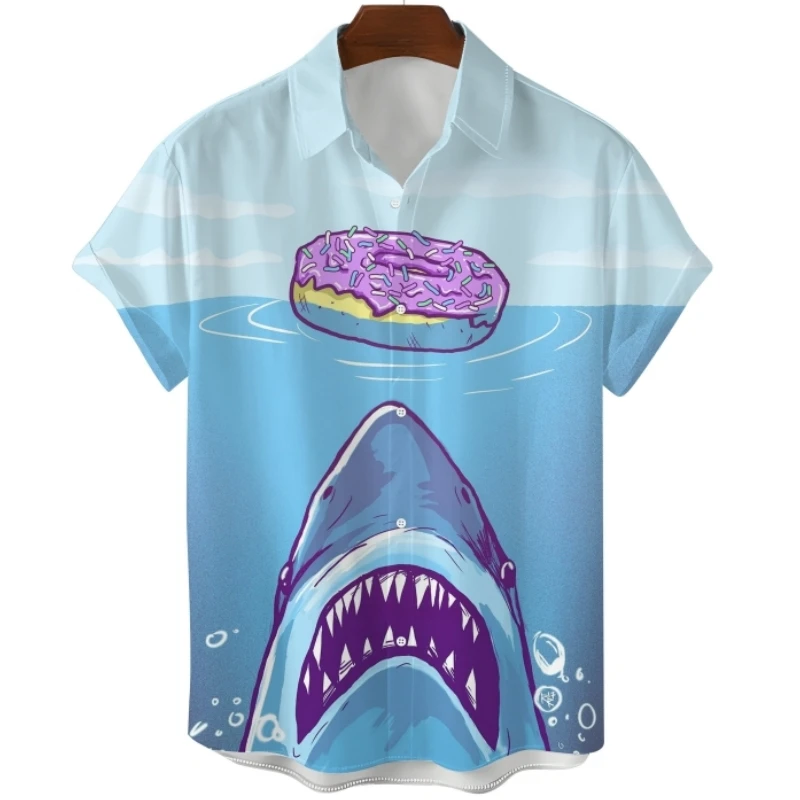 Animal Men's Shirt Shark Graphic Short Sleeve Summer Loose Lapel Button Shirts Printed T-Shirt Beach Party Hawaiian Shirt Men To