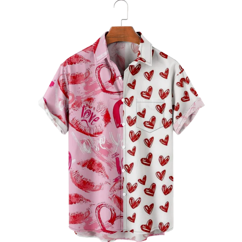 Heart Print Shirt Fashion Lovely Print Hawaiian Shirt Holiday Clothing Oversized Street Men's Clothing Print