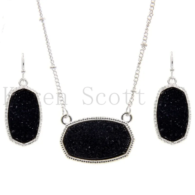 Oval Resin Druzy Drusy Pendant Necklace Hexagon Druse Charms Drop Earrings  Color Fashion Jewelry Set Gift