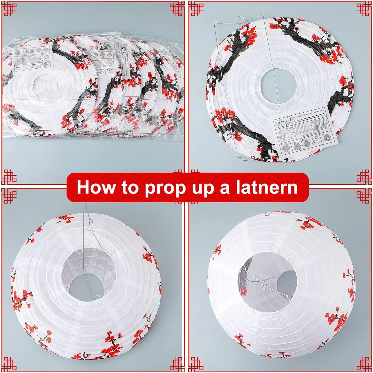 10 Cherry Flowers Paper Lanterns, 12 inch Blossom Lantern 5 Red + 5 White for Restaurant Home Wedding Party Decoration