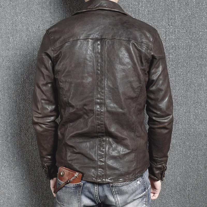 Genuine Leather Jacket Vintage Slim Men\'s Leather Jacket Men Motorcycle Sheepskin Coat Short Jaqueta Couro 16301888M01-2 YY411