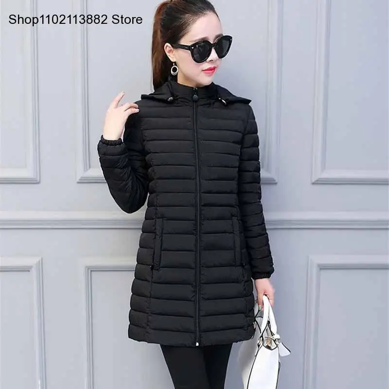 Lightweight Padded Jacket Winter Women\'s Removable Hood Warm Cotton Long Parka