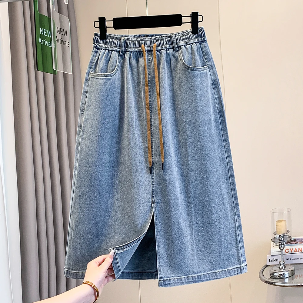 

plus Size Mom Summer New Loose Thin Casual Denim Midi Skirt mid Waist A-Line Skirt Comfortable Fit Commute Artistic Style