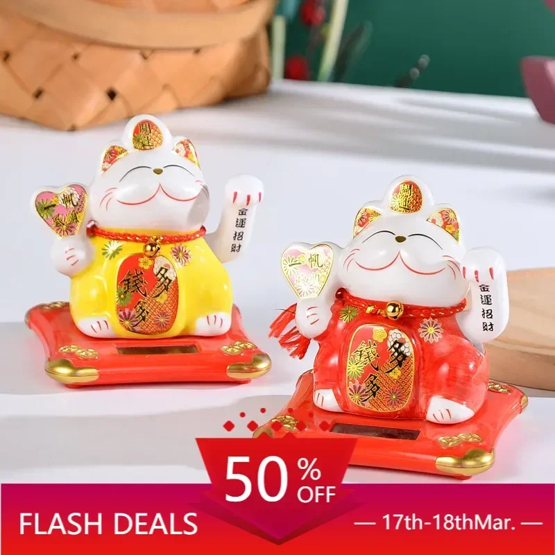 5 Inches Solar Automatic Wave Hand Lucky Cat Ornament Creative Ceramics Cat Eco-friendly Decorations Store Opening Gift Mascot