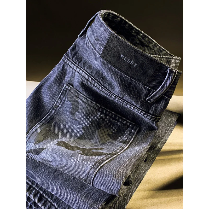 ライトラグジュアリーファッションストレートレッグルーズジーンズメンズ2025秋新作ポケットプリントウォッシュドアメリカンカジュアルワイドレッグパンツ