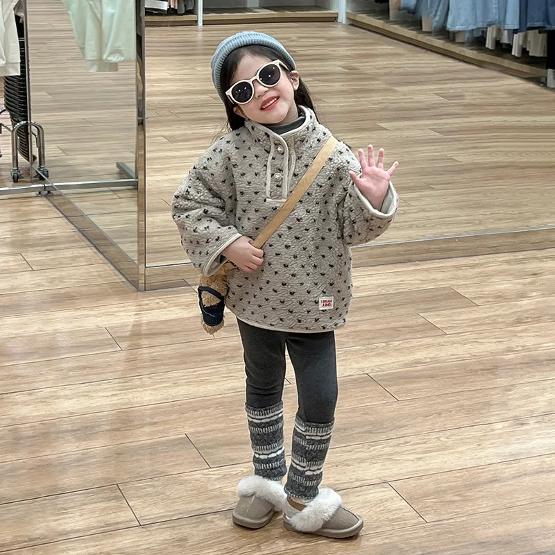 

Girls Wool Hoodies Top Autumn Winter 2024 Lamb Fleece Polka Dot Fleece Hoodie Simple Casual Fashion Top Korean Simple Style