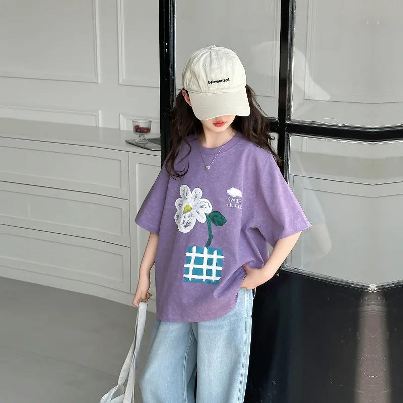 Summer Children's Oversize t-shirt Faction Purple Floral graphic t shirts For Girls T-shirt Short Sleeve Kids Girl Clothes Tops