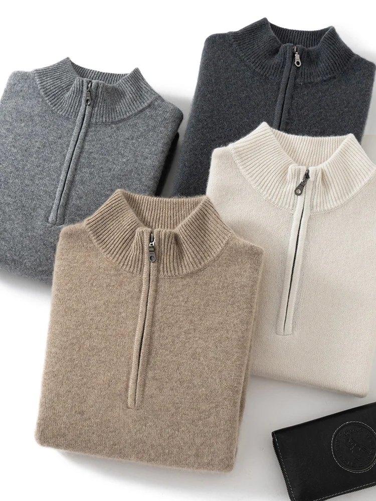 

High-end Men's 100% Cashmere Sweater Mock Neck Zipper Pullover Autumn Winter Long Sleeve Cashmere Knitwear Smart Casual Clothing