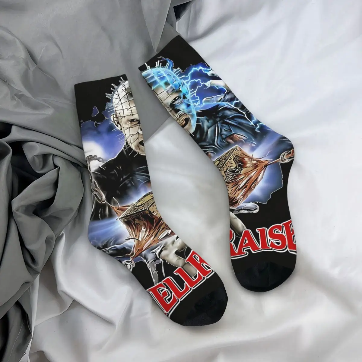 Funny Happy Sock for Men Design 1987 Harajuku Hellraiser Horror Film Breathable Pattern Printed Crew Sock Novelty Gift