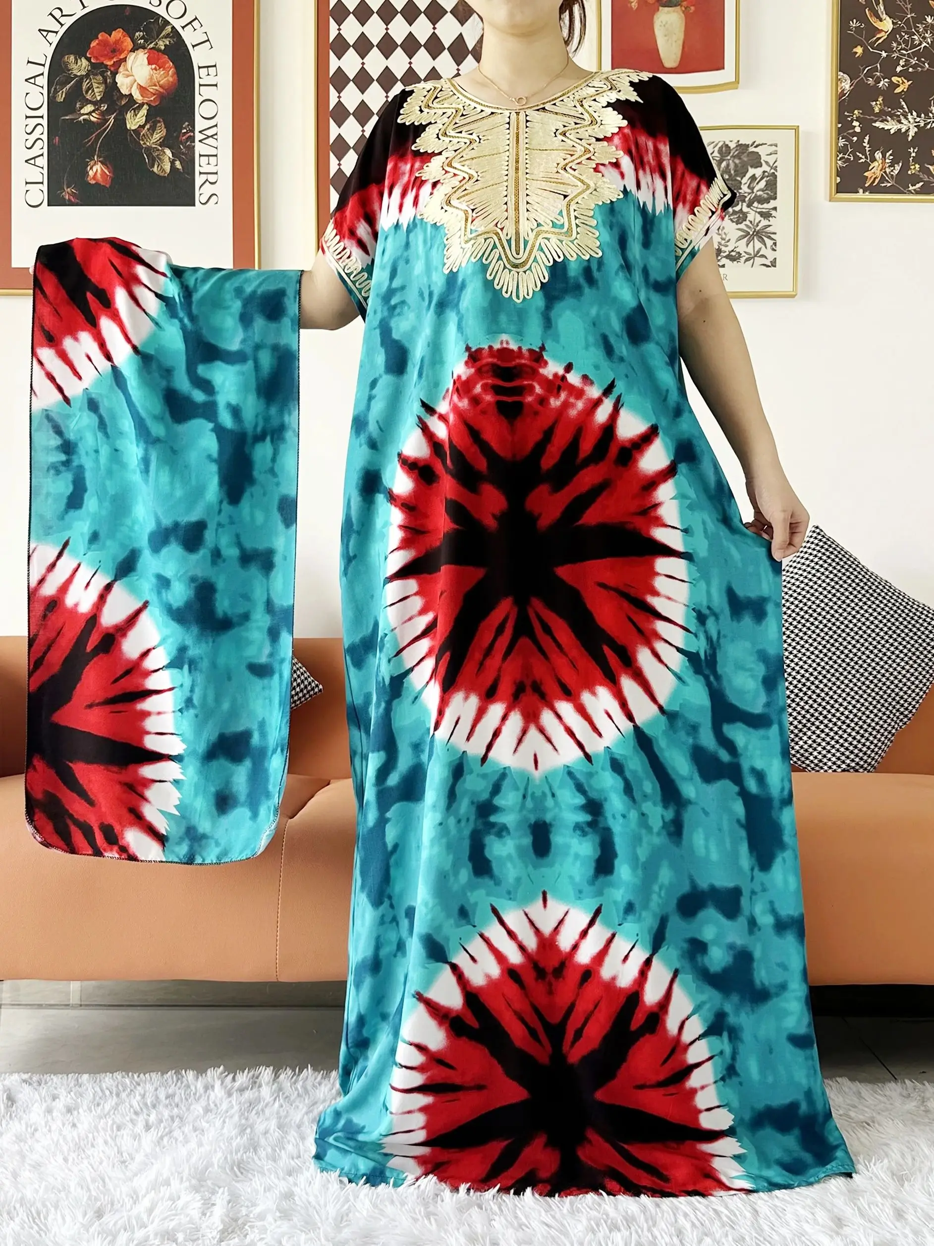 2024 Summer African Lady\'s Short Sleeve Abaya Dashiki Tie-dry Cotton Sequins Floral Printing Loose Caftan Dress Casual Vestido