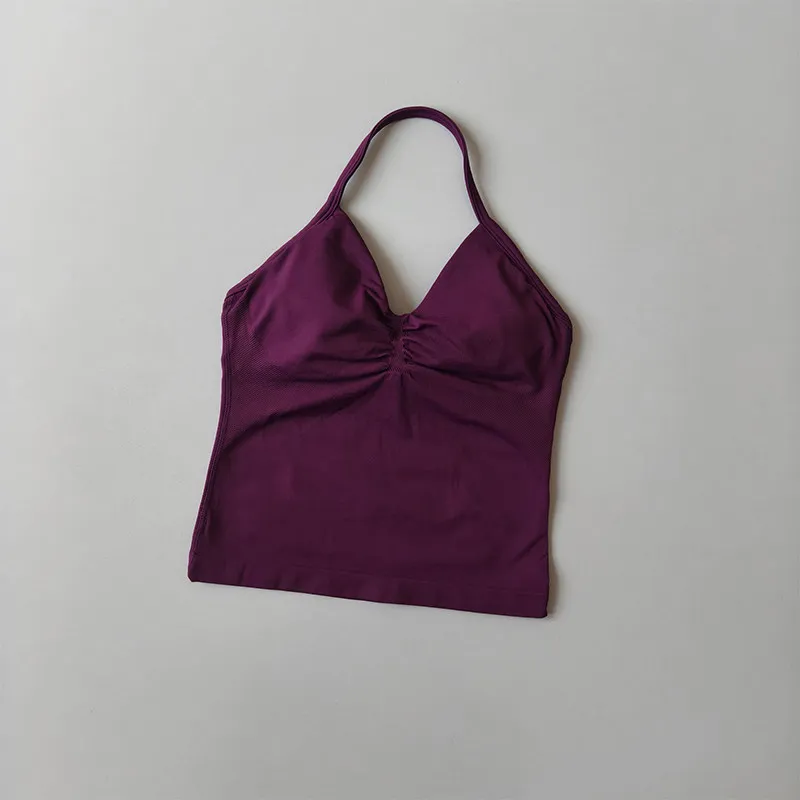 Langes, trägerloses, nahtloses Yoga-Tanktop mit gerafftem Rücken, ärmelloses Fitness-Workout-Shirt mit integriertem BH für Damen – Detail 5