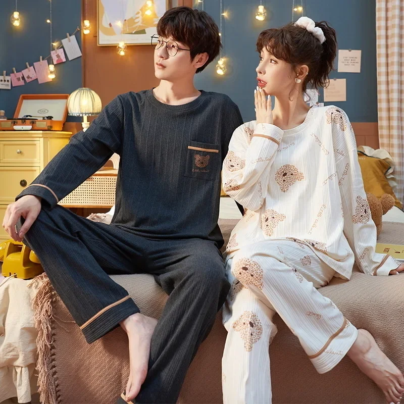 

Two-Piece Set Pajamas Cotton Spring and Fall Long-Sleeved Couple Homewear Men and Women in the Fall Cute Bear Casual Sleepwear