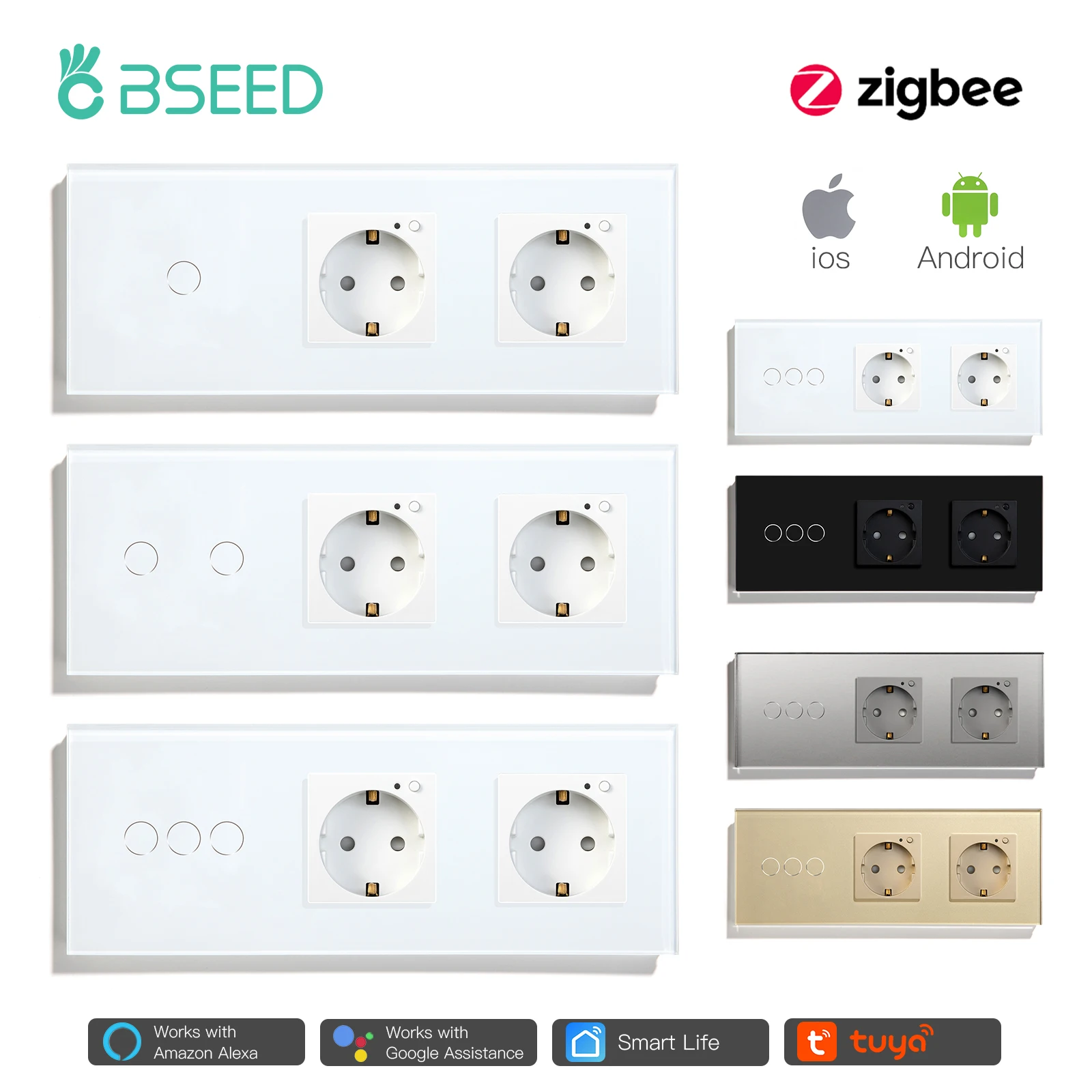 Bseed EU Standard Zigbee Smart Switch 1/2/3 Gang With Double Zigbee Socket Google Home Alexa Smart Life App Voice Control