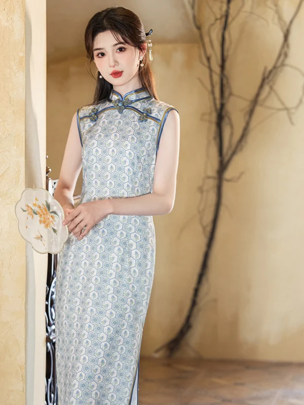

Ele Long Qipao Dr Young Girl Sle No-Sve Plaid Slimming Daily Wear Floral Print Breathable Polyester Fabric