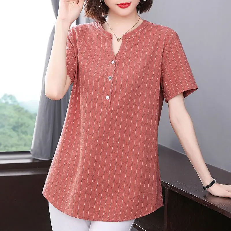 Woman Elegant Blouses Summer Short Sleeve T-Shirt Cotton V-Neck Pullover Button Solid Loose Fashion Casual Striped Tops