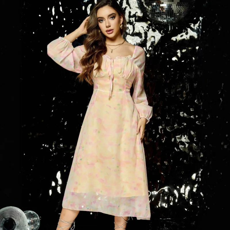 Vestido floral de manga larga vintage exquisito otoño invierno estilo francés