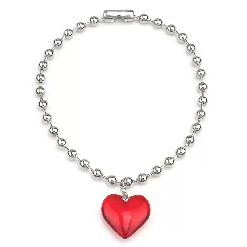 Y2K Red Heart Pendant Necklace For Women Metal Bead Chain Punk Sweater Chain Choker Fashion Charm Neck Jewelry Sweet Girls Gift