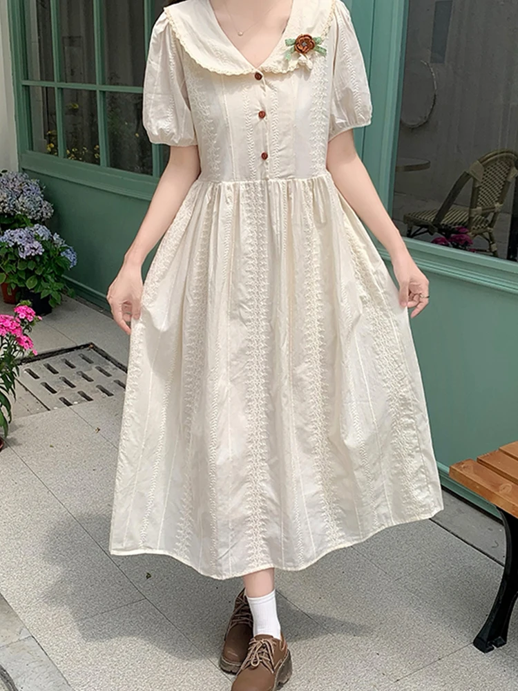 College Style Mori Girl Kawaii Flower Peter Pan Collar Solid Color A-Line Dress Temperament Sweet First Love Dress For Women ﻿