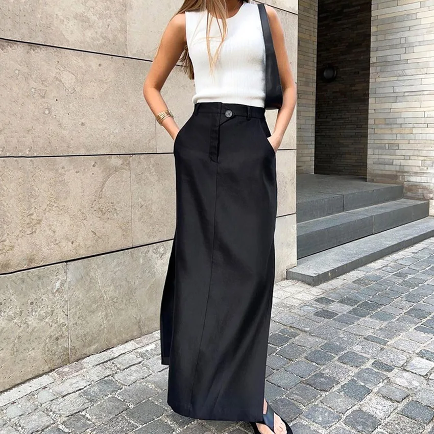 Black Loose Long Skirts Women A-Line Zip Skirts Ladies Elegant Summer Skirts Female with Pocket Ankle-Length Skirts