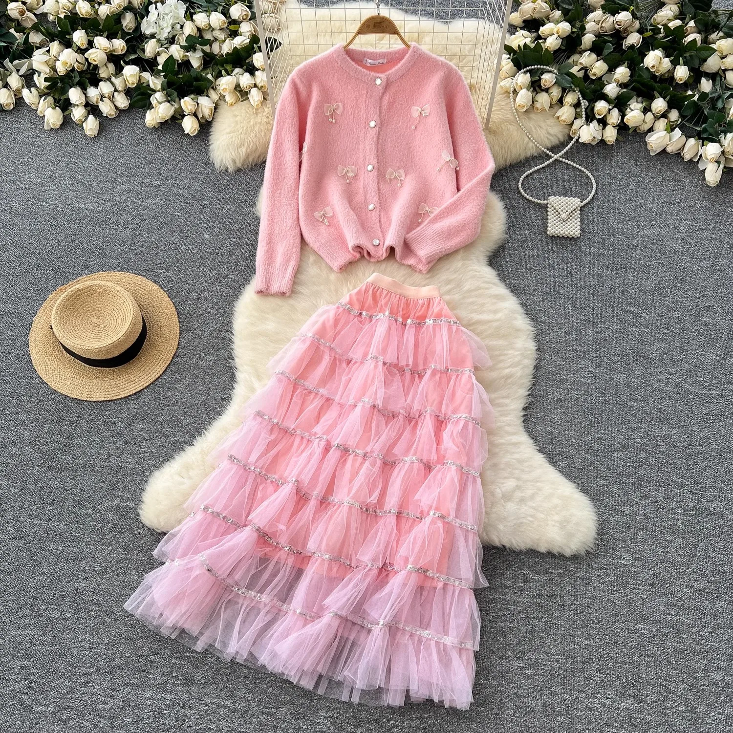 Autumn Winter Runway 2 Pieces Set Women Round Neck Knitted Tops High Waisted Sequin A-line Mesh Long Skirt Vintage Sweater Suits