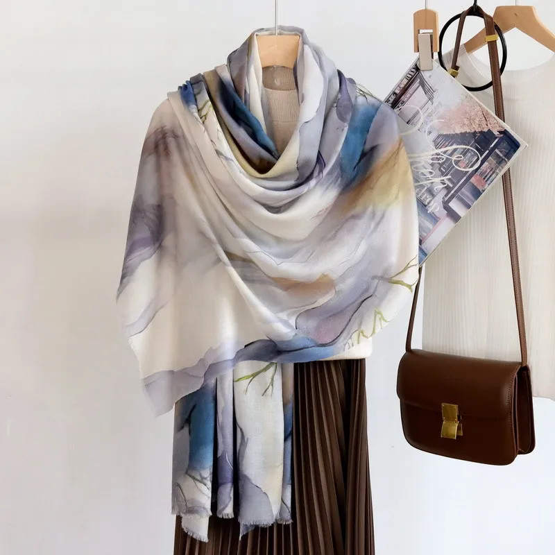 Winsleter-Women 100%Wool Elegant Long Scarf, 200*100CM Print, Mom Gift Vintage Skin-friendly Thin Scarves, 2026 Autumn A67915CC