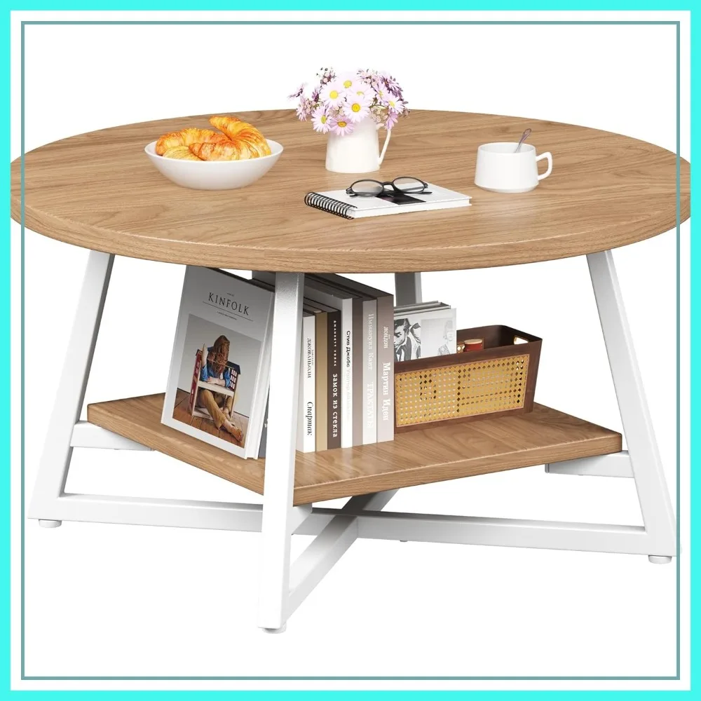 

Round Coffee Table with Storage, 2-Tier, 28.7"D, Modern Wood & Metal, Easy Assembly