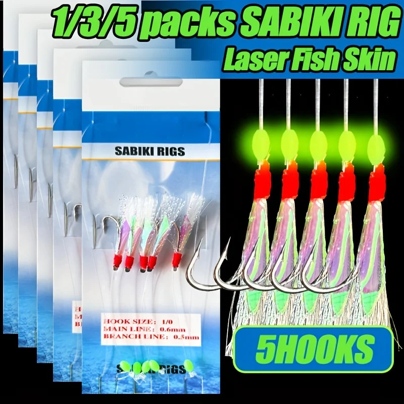 TAKBAS 1/3/5Packs Sabiki Rigs Saltwater, Fish Skin Mackerel Feathers Rigs, Sea Fishing Rigs with Luminous Beads Flasher Rig