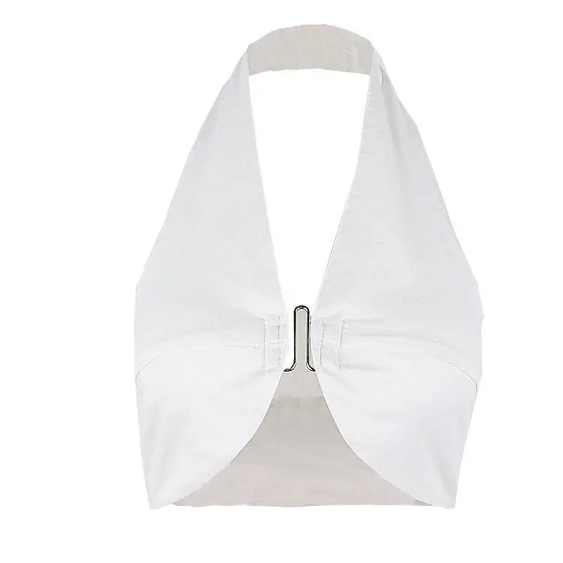 섹시한 브이넥 디자인 후크 백리스 탱크탑 여성 여름 패션 클린핏 스타일 삼중 아세테이트 섬유 울트라 숏 A라인 탱크