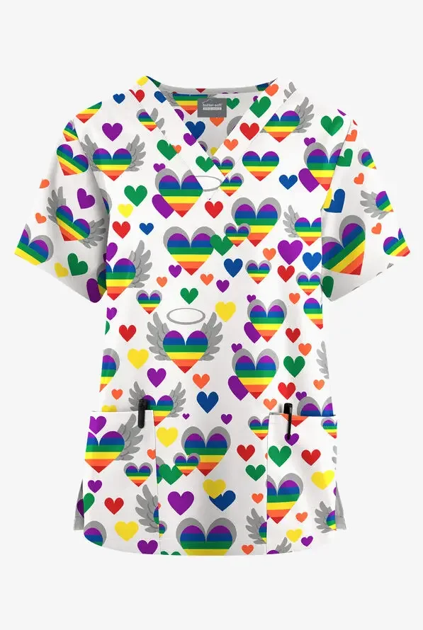 فستان جراحي لطيف للنساء مع فستان سرير بيطري أنيق مطبوع برقبة على شكل حرف V وأكمام قصيرة للنساء