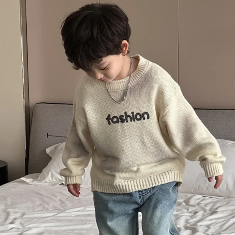 

Boys Woolen Sweater Crochet Cotton Windbreak 2024 Apricot Plus Thicken Autumn Winter Pullover Warm Children's Clothing