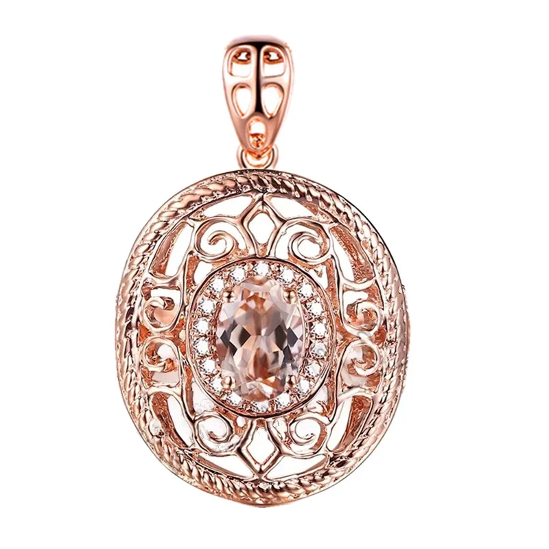 Solid 14K Rose Gold Women Natural Morganite Diamonds Pendant Art Deco Filigree Party Fine Jewelry Classic