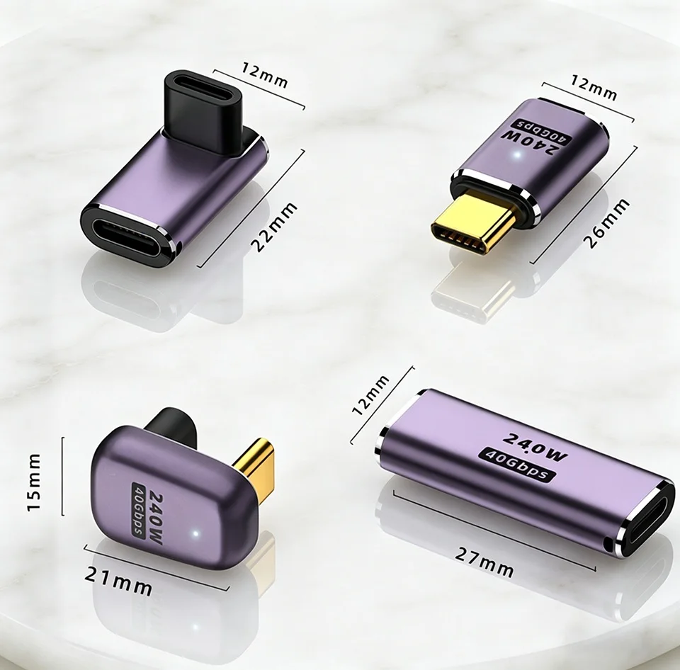 UGOURD 40Gbps Extension Cable Adapter USB C Male to USB C Female Adapter Angled Type C to C Converter 240W With Indicator Light