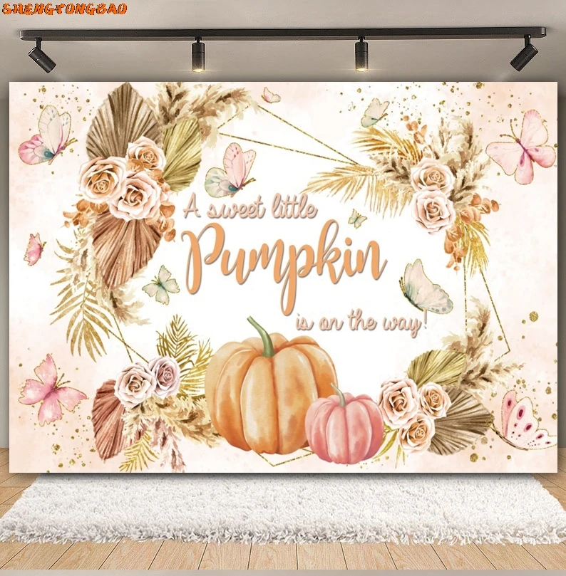 A Little Pumpkin Is On The Way Autumn Backdrop Fall Thanksgiving Floral Truck Baby Shower Birthday Party Photography Background