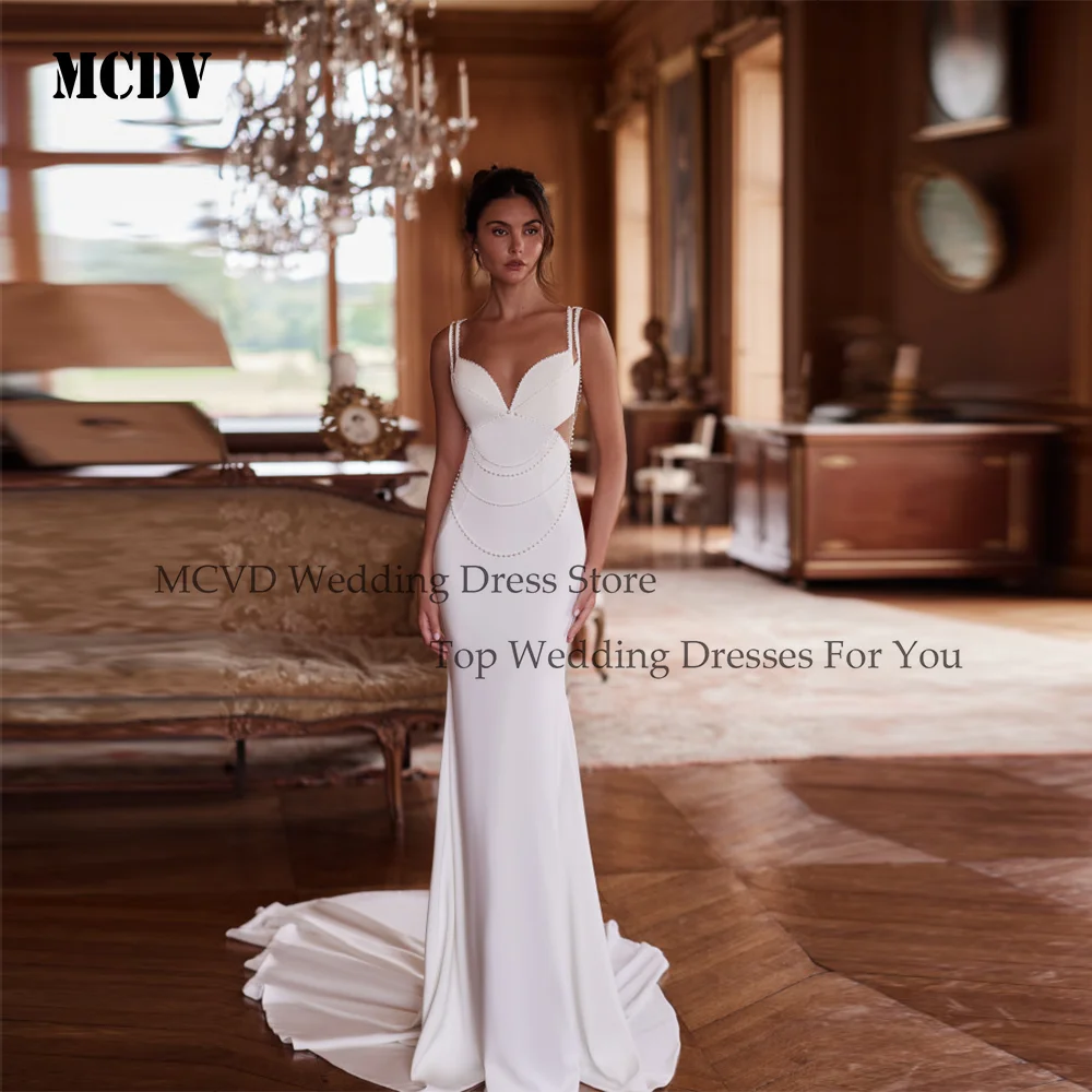 

MCDV Pearls Wedding Dress Mermaid Spaghetti Straps Illusion Back vestidos de novia 2026 Satin Bride Gowns Sleeveless Customized